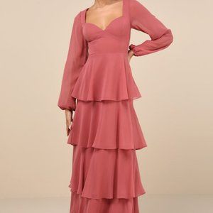 Lulus Flawless Excellence Rusty Rose Tiered Long Sleeve Maxi Dress Pink - Size L